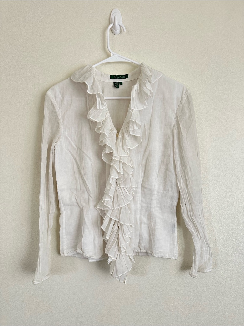 Lauren Ralph Lauren Cream Ruffle-Front Long Sleeve Blouse